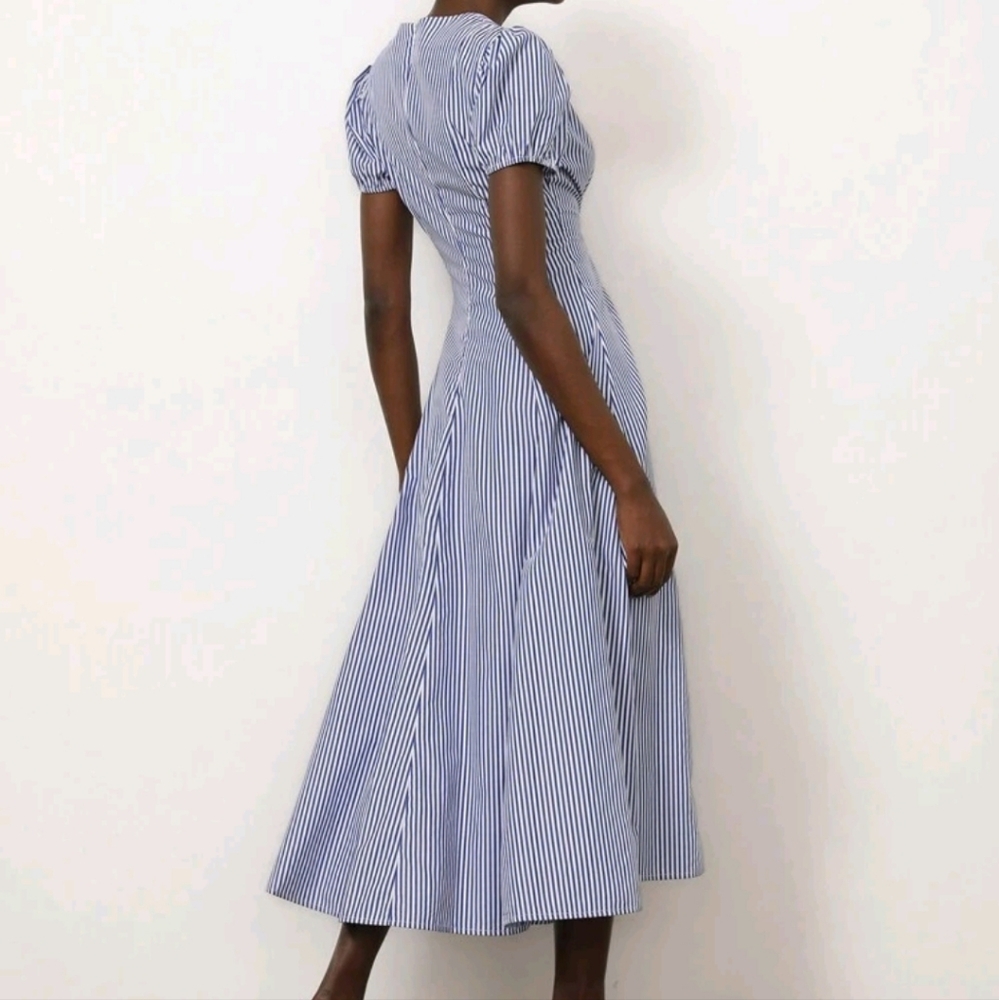 Elegant Commuter Minimalist High-End Design Stripe Blue A-Line Deep V-NECK Puff - Picture 4 of 4